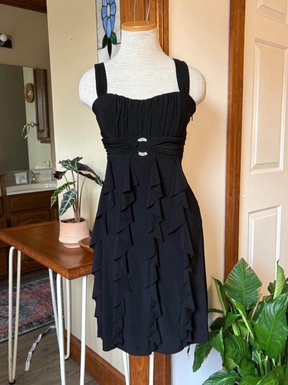 Vintage Y2K Black Ruffle Cocktail Dress with Rhinestone Accent